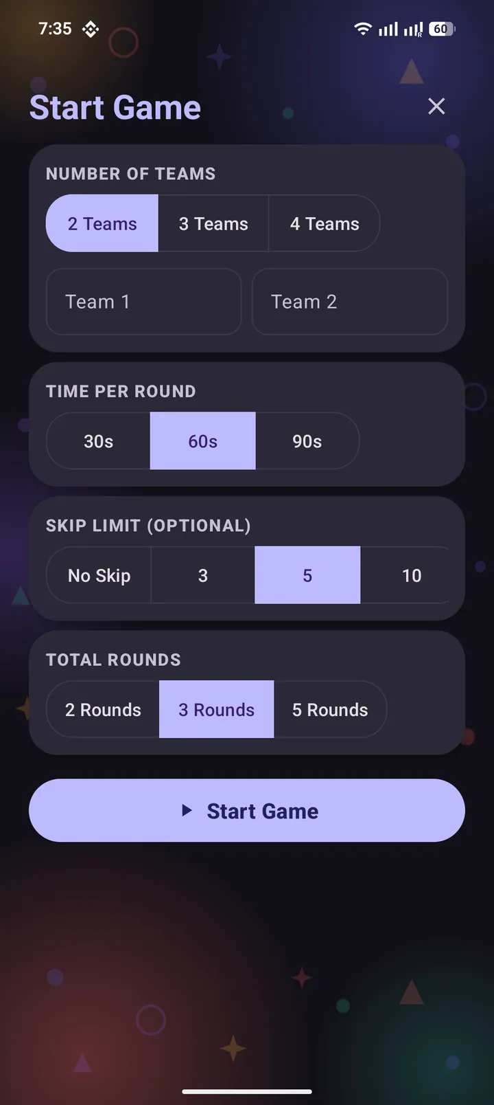 Game settings: teams, timer, rounds