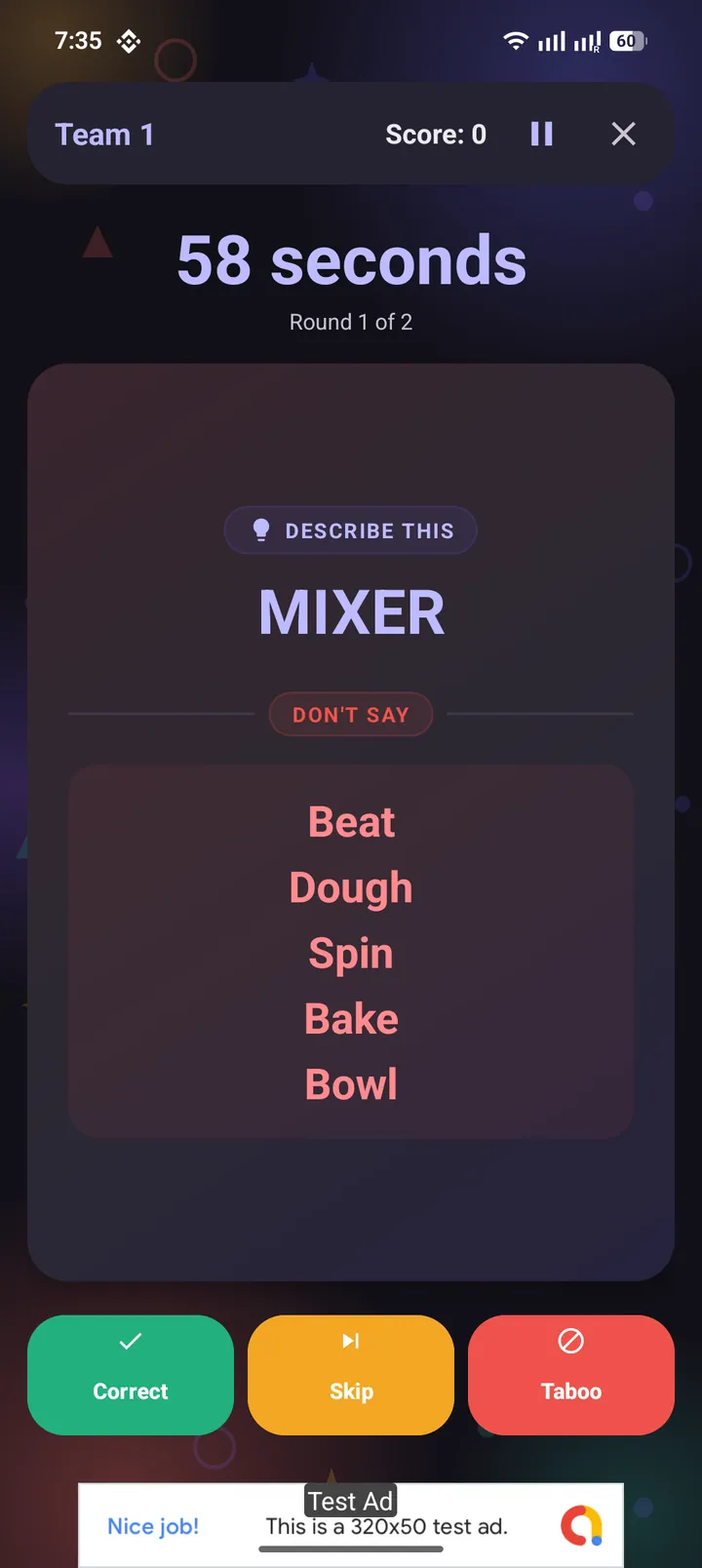 Describing a word during gameplay